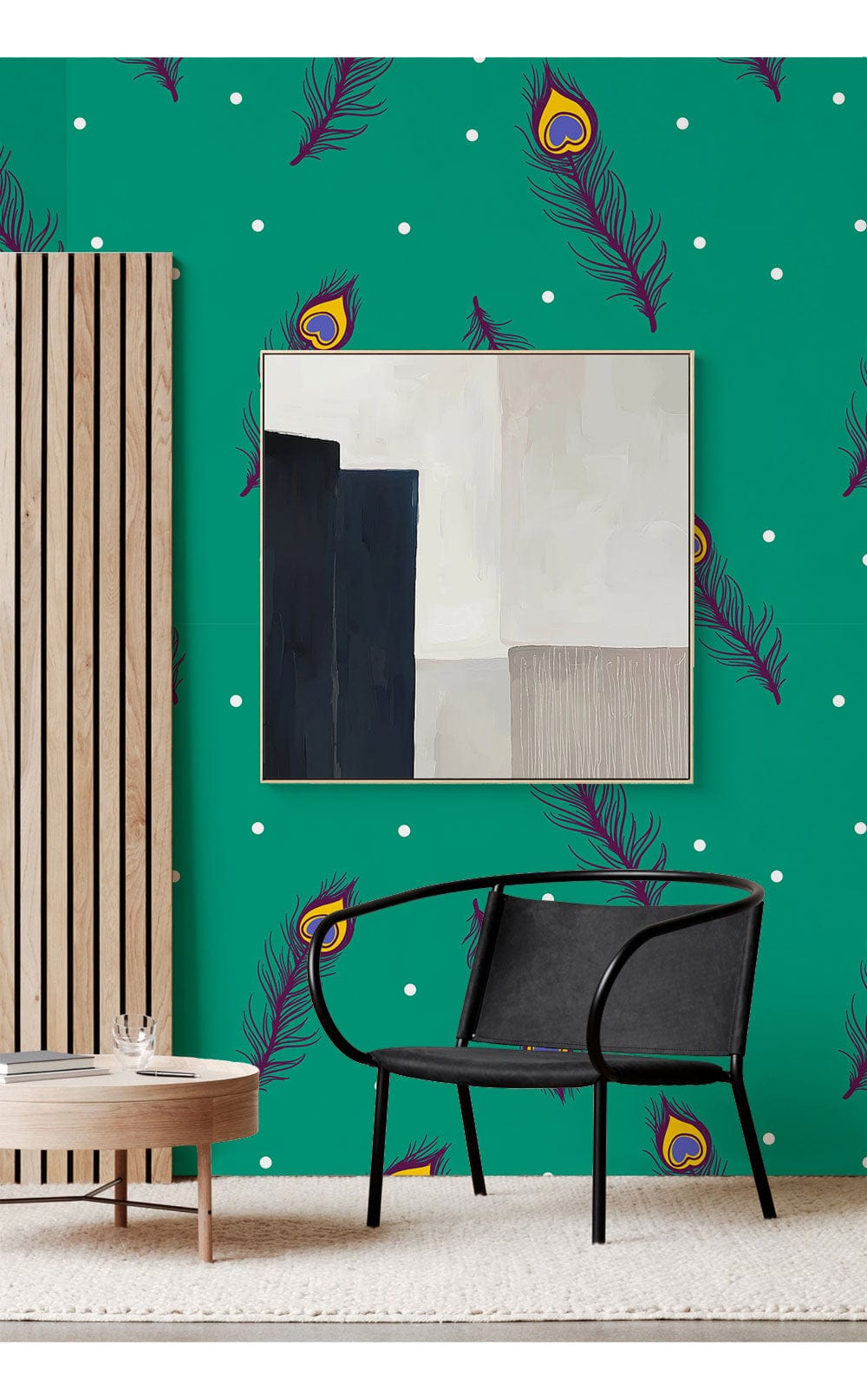 Art abstrait encadré sur un peacock feather et papier peint mural vert vibrant