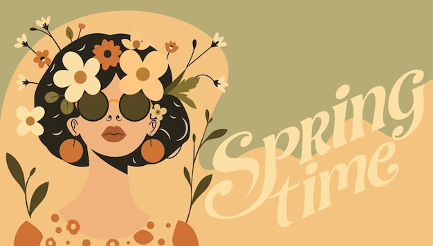 Illustration stylisée femme cheveux bouclés fleurs, Portrait Floral Pastel