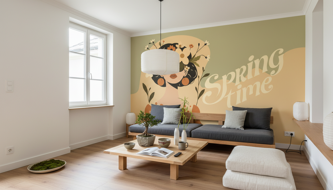 Papier peint panoramique sur mesure d’un salon minimaliste moderne avec table en bois