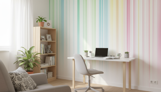 Bureau Ikea blanc avec chaise noire et rideaux rayés pastel optimistes pour revêtement mural d’énergie positive en chambre d’enfant