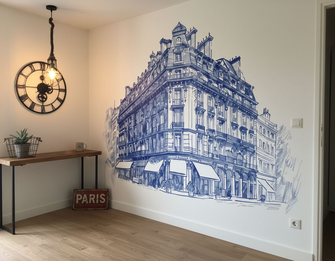 Mural en encre bleue d’un bâtiment parisien orné, papier peint panoramique sur mesure