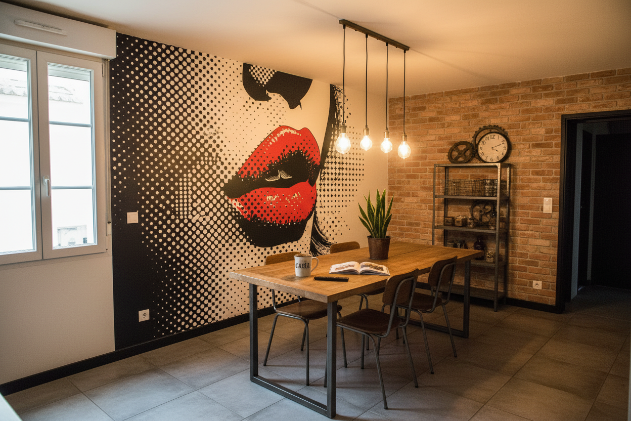 Murale pop art lèvres rouges et noires en rouge soie intense à motifs demi-teinte