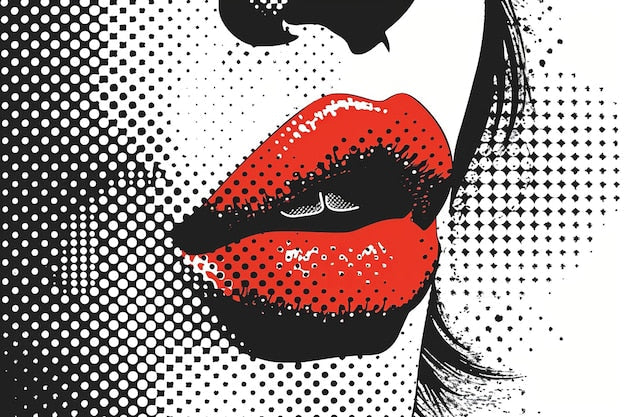 Lèvres rouges vibrantes en pop art, rouge soie intense, motifs pointillés
