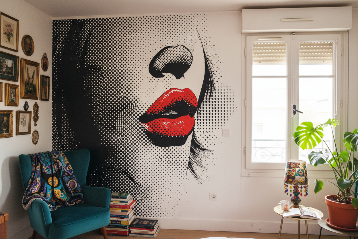 Mural pop art noir et blanc audacieux avec visage stylisé et lèvres en rouge soie intense