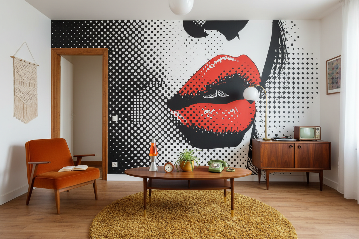 Murale pop art lèvres rouges et noires en soie intense, halftone