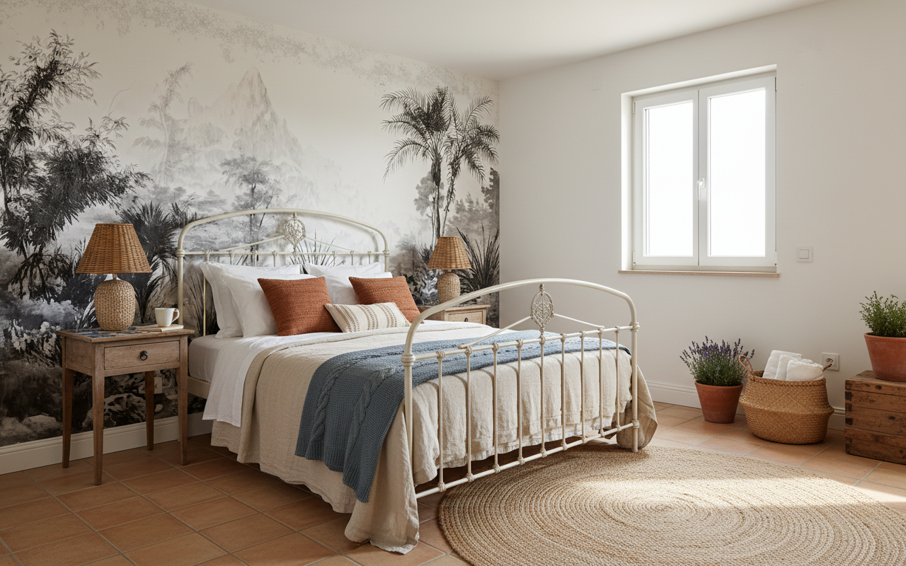 Cadre de lit en métal blanc orné, comme un paysage serein en papier peint panoramique