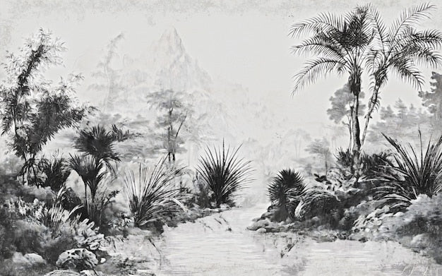 Papier peint panoramique d’un paysage monochrome serein avec montagnes brumeuses