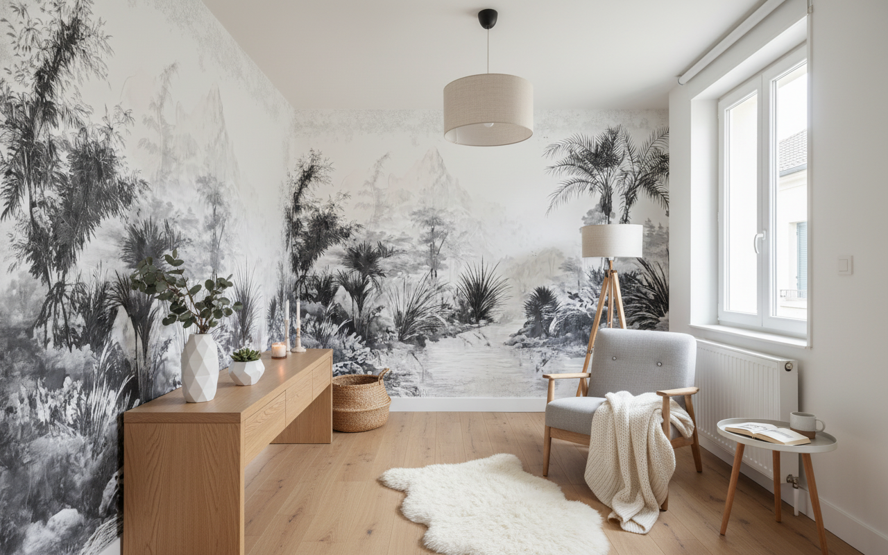 Fauteuil gris clair capitonné, jambes bois, plaid crème, sérénité matinale