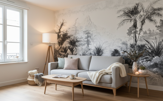 Canapé gris clair capitonné avec coussins, comme papier peint panoramique d’un paysage serein