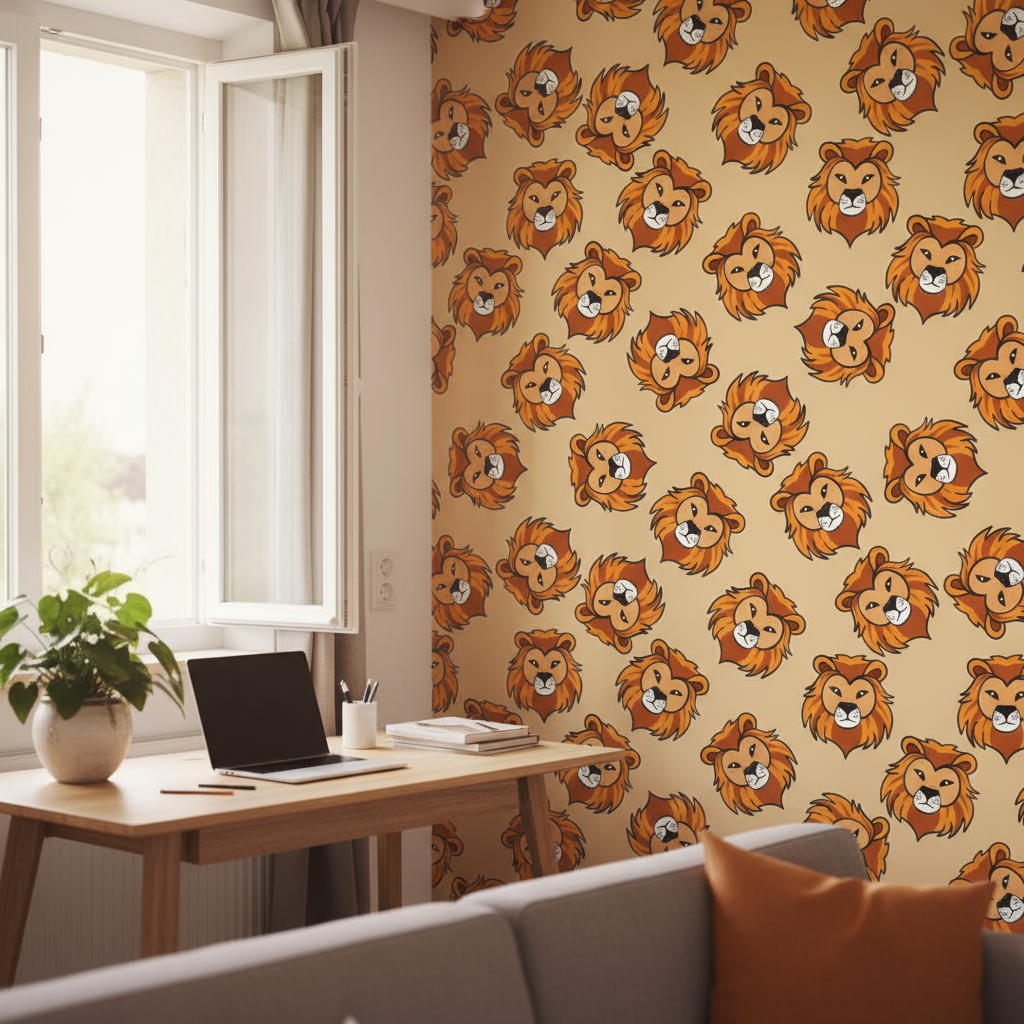 Papier peint tête de lion motif beige avec accents orange et marron