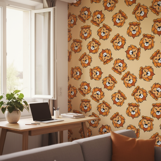 Papier peint tête de lion motif beige avec accents orange et marron
