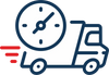 Icône de dessin simple d'un camion de livraison avec un symbole d'horloge au-dessus.