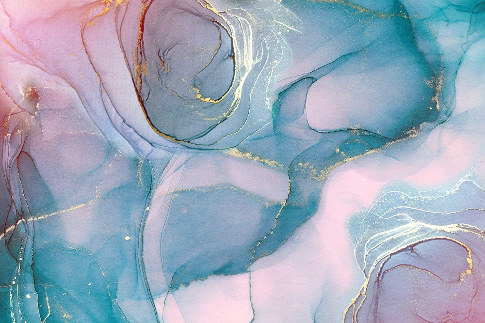 Art abstrait en alcool ink avec tons rose bleu or pour Tapisserie Murale en Marbre de Fil Brumeux