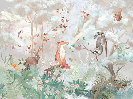 Papier peint photo de forêt enchantée avec animaux et papillons, textures d’oboe