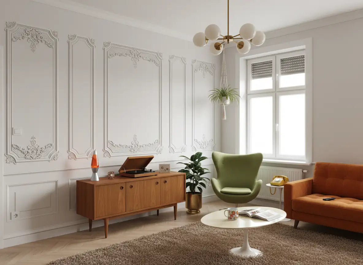 Platine vinyle vintage sur buffet mid-century avec lumière douce