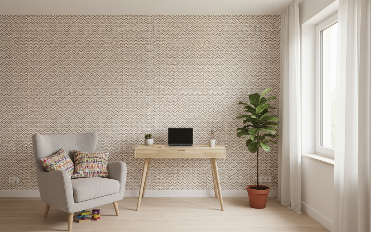 Bureau en bois minimaliste avec ordinateur portable noir sur fond rayé brun et blanc à lignes brunes