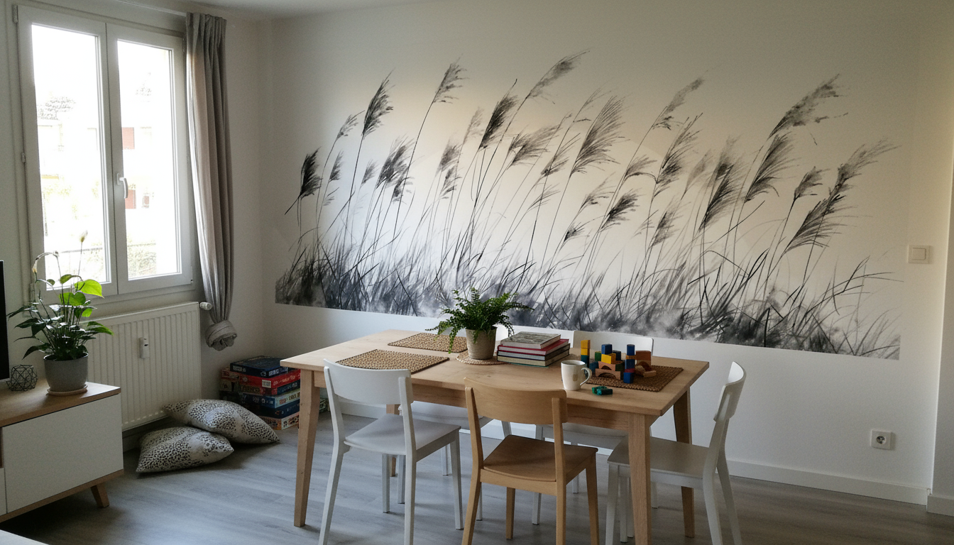 Table en bois avec chaises blanches et papier peint panoramique Pampa noir