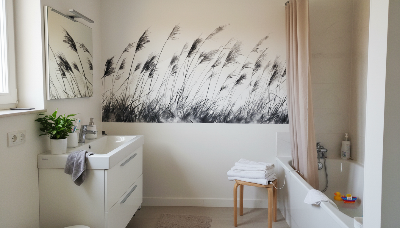 Lavabo blanc moderne minimaliste en scène d’intérieur avec papier peint panoramique