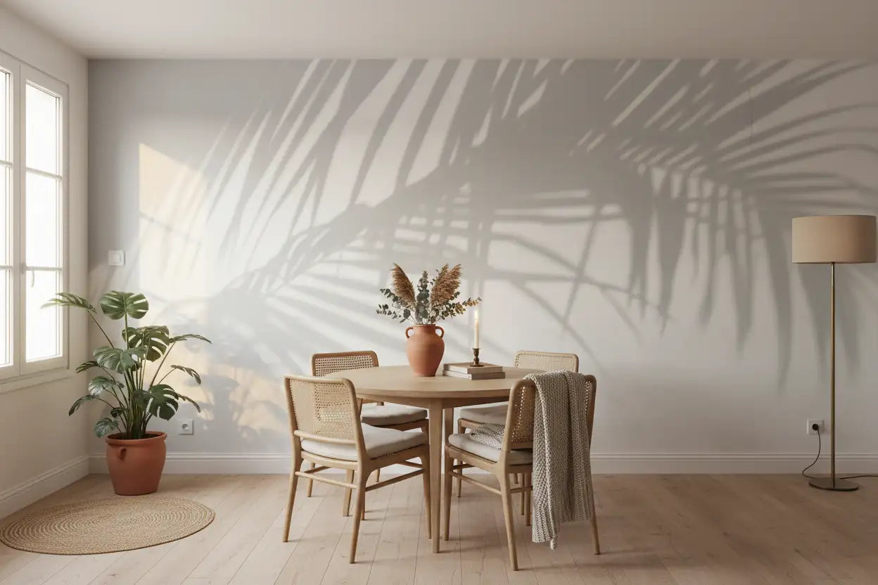 Vase terracotta avec pampa séchée sur papier peint panoramique Palmier Ombre Blanc