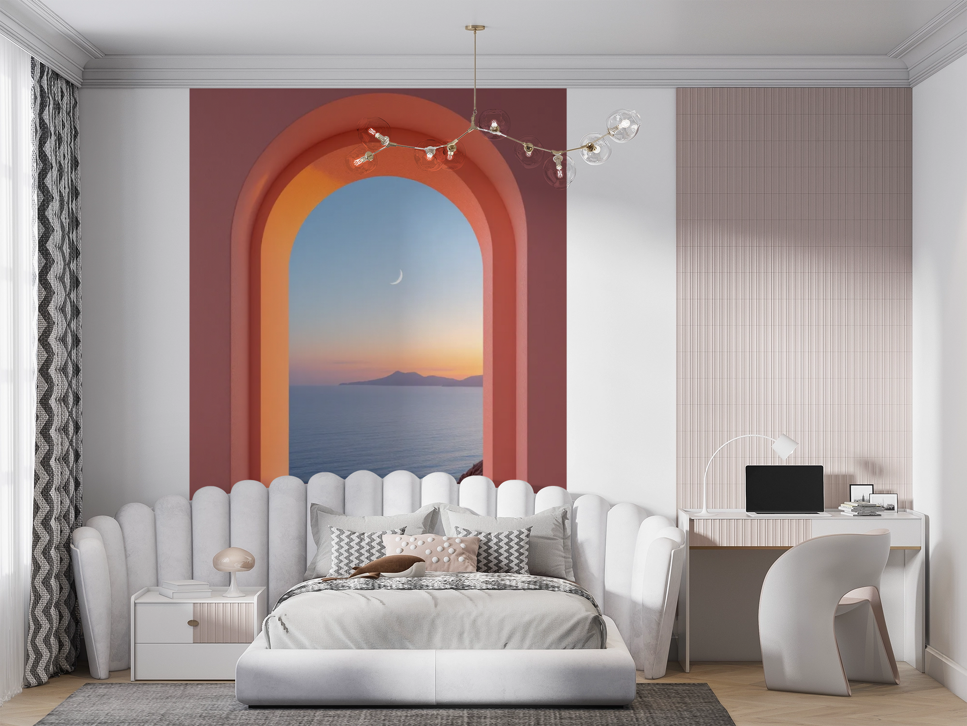 Vue Sublime papier peint panoramique dans une chambre moderne avec tête de lit scallopée