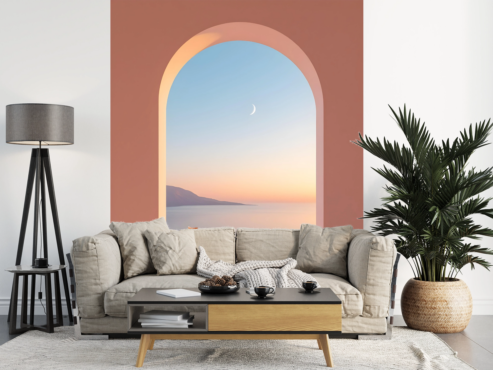 Vue Sublime papier peint panoramique dans salon moderne avec mur de coucher de soleil