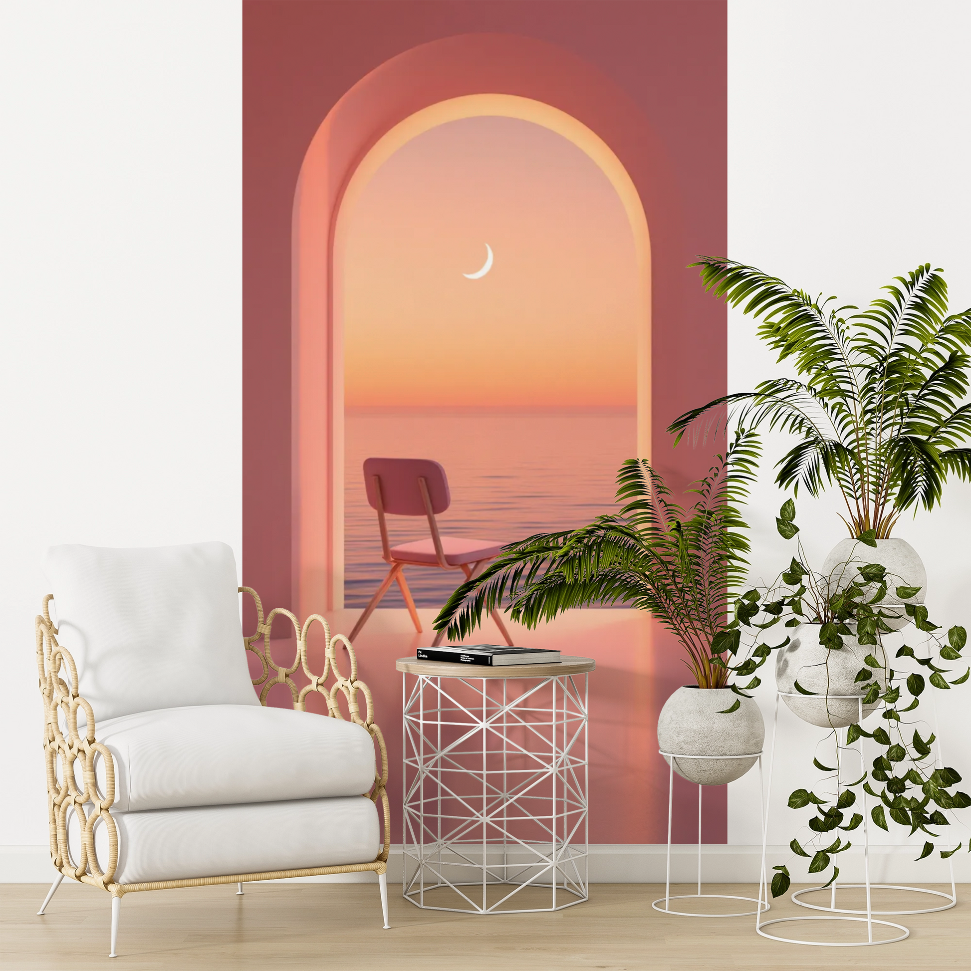 Vue Sublime fauteuil blanc avec cadre or ouvert, idéal avec papier peint panoramique