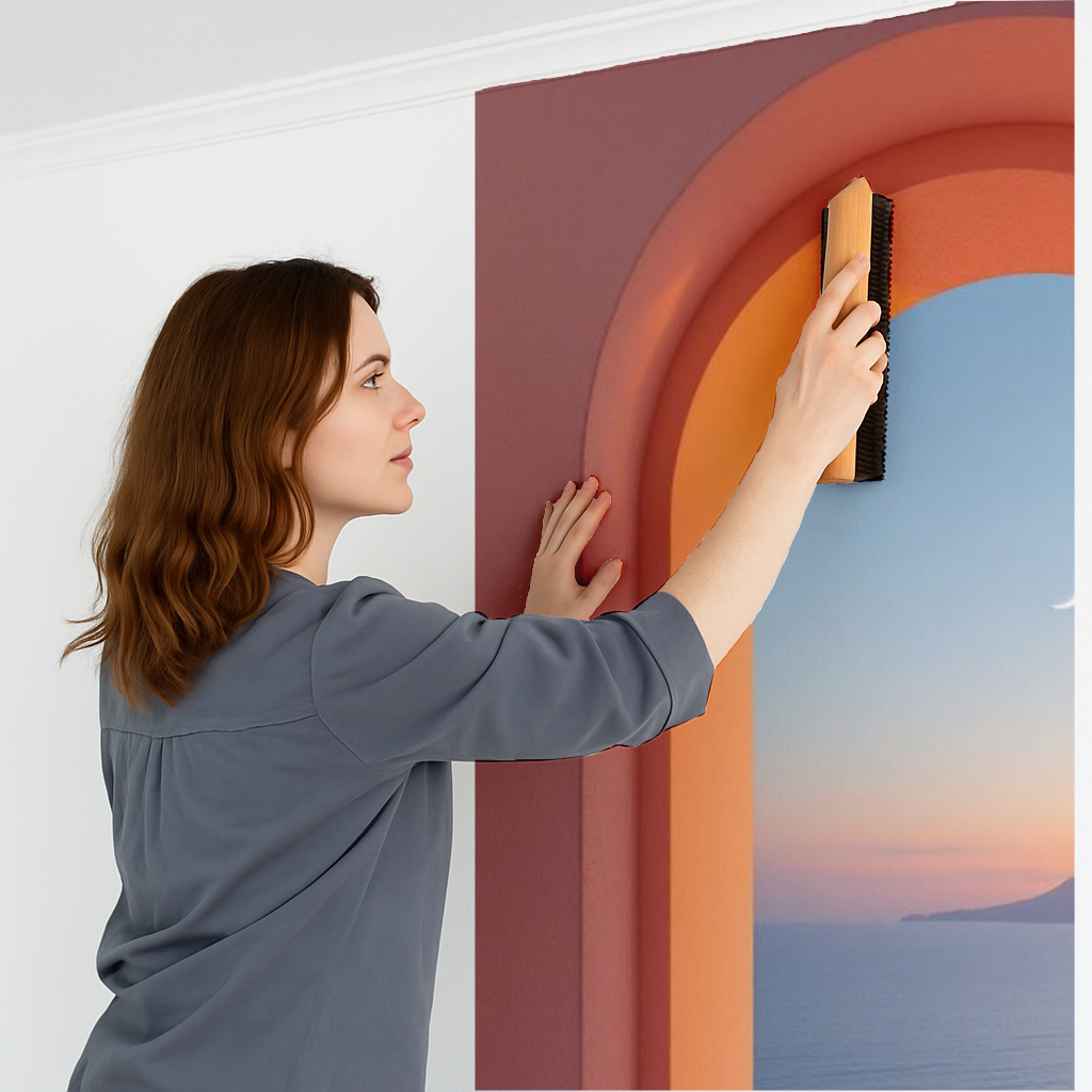 Femme appliquant un papier peint panoramique Vue Sublime LArche des Rêves sur un mur