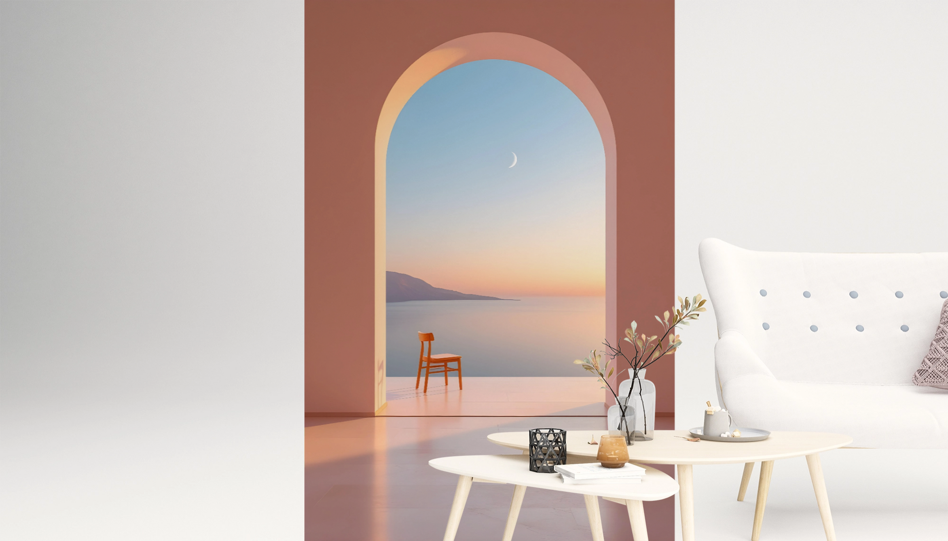 Vue Sublime papier peint panoramique dans un salon moderne avec porte en arche et vue sur la mer