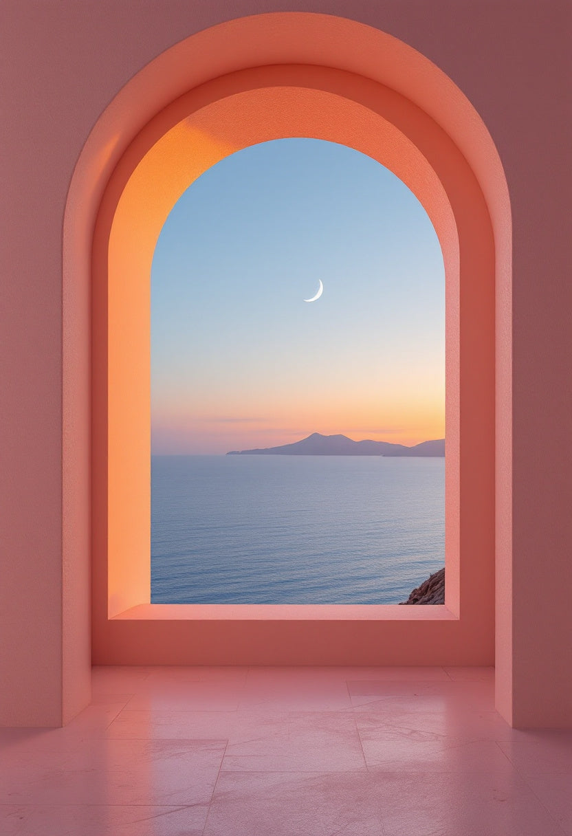 Vue Sublime papier peint panoramique d’une fenêtre arqué avec vue sur la mer au coucher du soleil