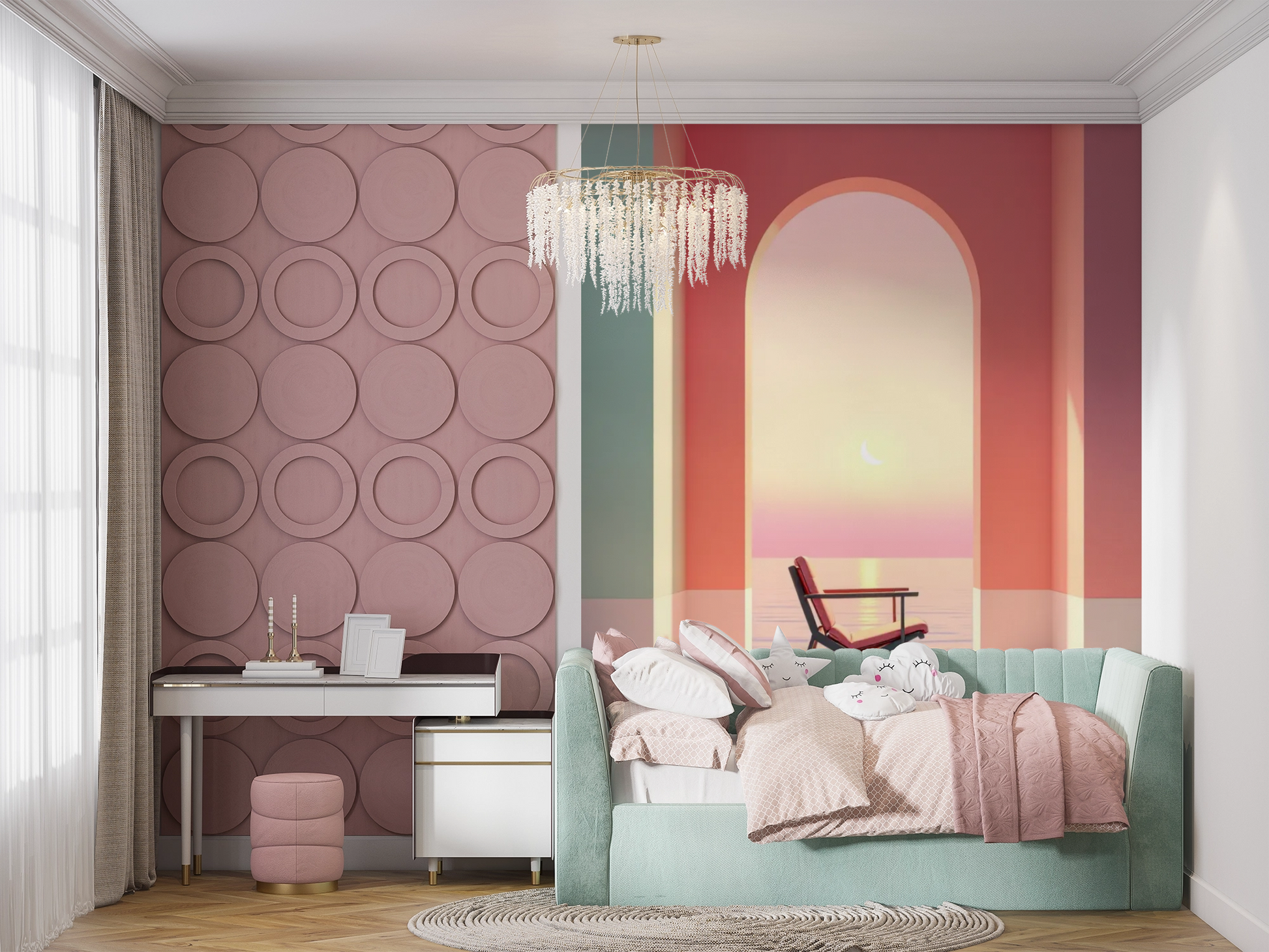 Vue Sublime daybed en velours vert menthe avec literie plush, parfait avec papier peint panoramique